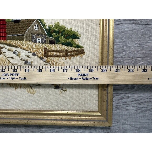 Vintage Finished Framed Crewel Embroidery Red Barn Farm Farmhouse Country 17x21 - Picture 7 of 7